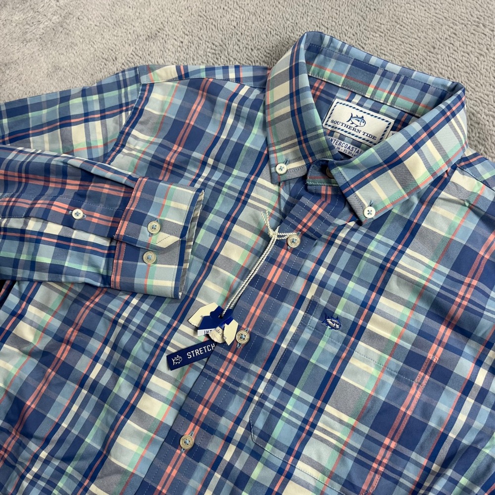 Southern Tide Kids XL 16 Intercoastal Plaid Button Down Shirt Blue Green Pink